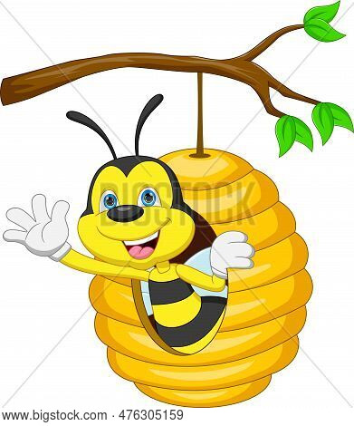 Cute Bee Cartoon Waving From Inside The Bee Hive