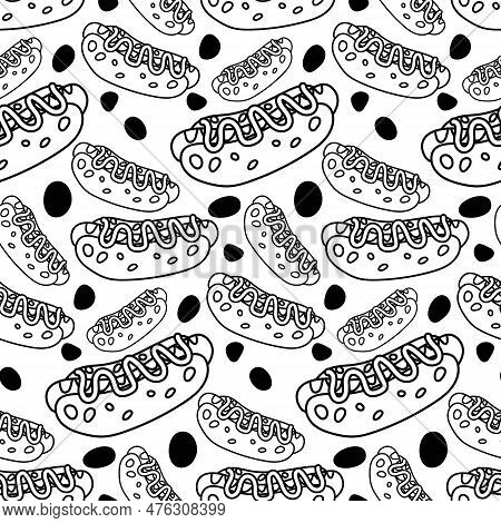 A Pattern With Hot Dogs. Packaging For Submission. The Image Of Fast Food. A Bun With Sausage And Mu