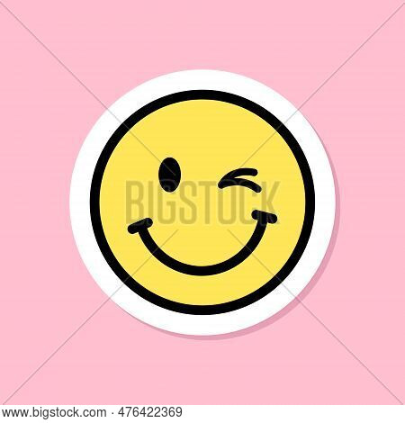 Winking Face Emoji Sticker, Yellow Face With Winking Eye, Black Outline, Cute Sticker On Pink Backgr