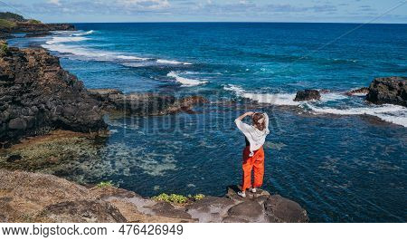 Lonely Woman Dressed Light Summer Clothes Enjoying Indian Ocean View With Strong Surf On Cliff At Gr