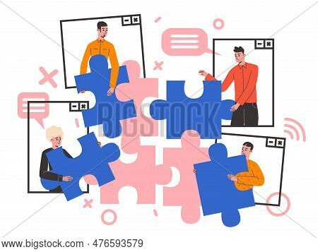 Online Connect Puzzle. People In Web Chat Windows Solve Problem Together. Internet Video Conference.