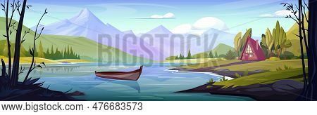 Beautiful Mountain Landscape With Lake. Vector Cartoon Illustration Of Spring Alpine Nature, Wooden 