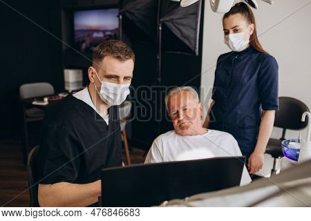 Young Dentist And His Assistant Treating Elderly Man