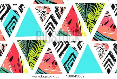 Hand drawn vector abstract summer time collage seamless pattern with watermelon, aztec and tropical palm leaves motif isolated.Unusual decoration for wedding, birthday, fashion fabric, save the date