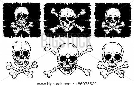 Set of Skulls and Crossbones isolated over white background. Freehand drawing human skulls. Vector illustration.