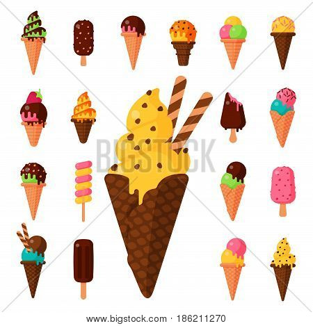 Sweet cartoon cold ice cream set and tasty frozen icecream collection vector delicious colorful desserts. Chocolate and milk party wafer dairy product sugar scoop vanilla tasty fruit topping.