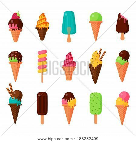 Sweet cartoon cold ice cream set and tasty frozen icecream collection vector delicious colorful desserts. Chocolate and milk party wafer dairy product sugar scoop vanilla tasty fruit topping.