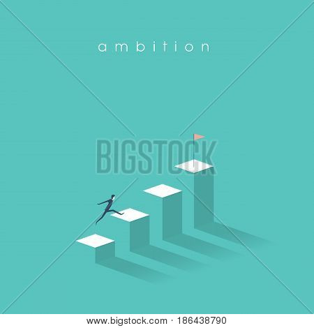 Ambition vector concept with businessman jump on graph columns. Success, achievment, motivation business symbol. Eps10 vector illustration.