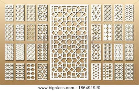 Die cut card. Laser cut 33 vector panels. Cutout silhouette with geometric pattern. A picture suitable for printing, engraving, laser cutting paper, wood, metal, stencil manufacturing.