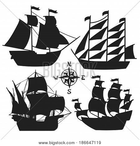 Set of simple sketch illustrations of old sailboats, pirate ships with a sail, vector, silhouette isolated for design