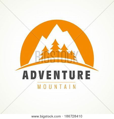 Adventure mountain pine tree logo. Mountain rock and pines outdoor camping labels. Vector climbing label, hiking travel and adventure illustration