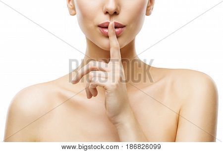 Woman Finger on Mouth Quiet Lips Silence Sign Face Beauty and Skin Care Secret