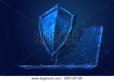 Knight Shield On A Laptop Background. Abstract Low Poly Wireframe Illustration. Polygonal Isolated P