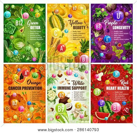 Color Diet Healthy Food And Vitamins In Fruits And Vegetables. Vector Organic Natural Nutrition Sala