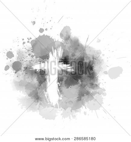 Ash Wednesday - Christian Religious Holiday. Grunge Cross On Gray Abstract Ash Background.