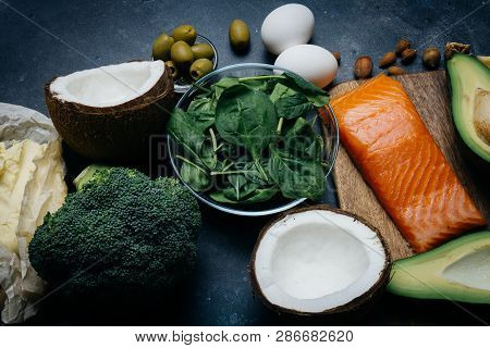 Ketogenic Diet. Low Carbs Hight Fat Products. Healthy Eating Food, Meal Plan Protein Fat. Healthy Nu