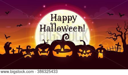 Happy Halloween Vector Banner. Scary Pumpkin Jack Lanterns On Night Cemetery With Zombie Hand, Creep