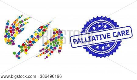 Colorful Collage Vaccine Care Hands, And Palliative Care Unclean Rosette Seal Imitation. Blue Seal I