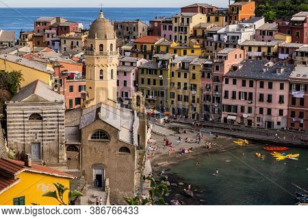 Vernazza, Italy - July 8, 2017: View Of Old Traditional Houses, Santa Margherita Di Antiochia Church