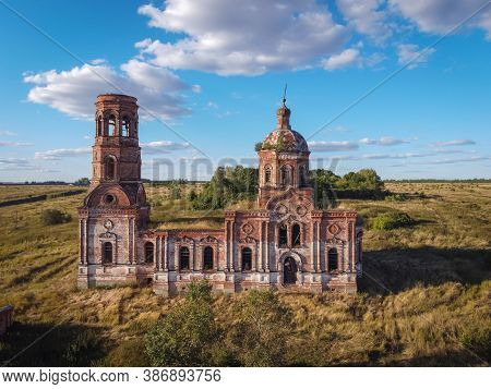 Flight Over An Abandoned Church, Ancient Abandoned And Ruined Church, Dilapidated Red Brick Temple