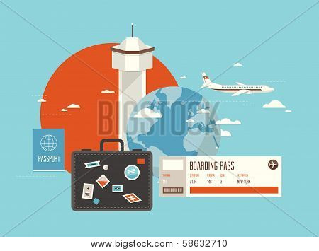 Flat Illustration Of Travel On Airplane