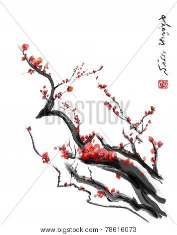 Sakura cherry blossom plum Chinese brush painting