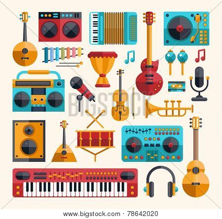 Set of modern flat design musical instruments and music tools ic