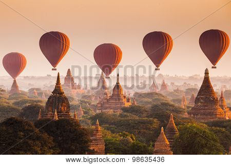 Balloon Over Plain Of Bagan In Misty Morning, Myanmar