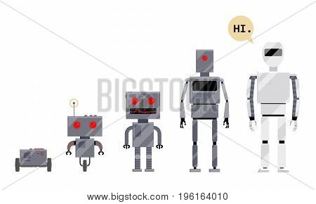 Evolution of robots, stages of android development, cartoon vector illustration isolated on white background. Evolution of robots from simple metal box machinery to modern android, cartoon style set