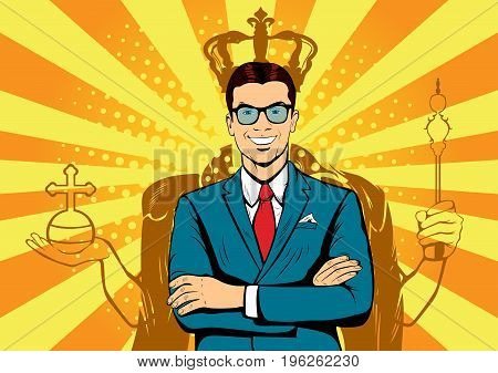 Business king. Businessman with shadow as king. Man leader, success boss, human ego. Vector retro pop art illustration.