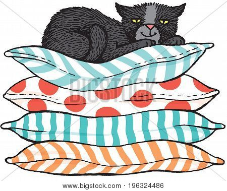 Quirky hand drawn vector sketch of a black cat sitting comfortably on top of a pile of cushions.