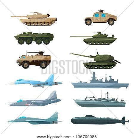 Naval vehicles, airplanes and different warships. Illustrations of artillery, battle tanks and submarine. Military battleship and car armed, plane and ship illustration