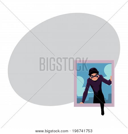 Thief, burglar breaking into house through window, cartoon vector illustration with space for text. Burglar, robber in mask and black suit going to rob a house, climbing in through window