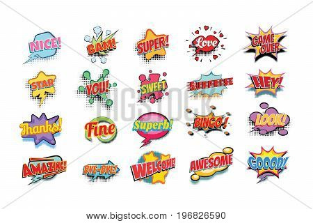 comic book words set. nice bam super love game over star you sweet surprise hey thanks fine superb bingo look amazing bye welcome awesome good. Pop art retro vector illustration