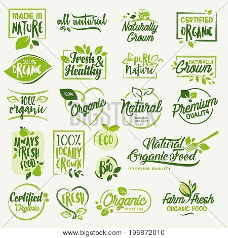 Organic food, farm fresh and natural product signs and elements collection for food market, ecommerce, organic products promotion, healthy life and premium quality food and drink.