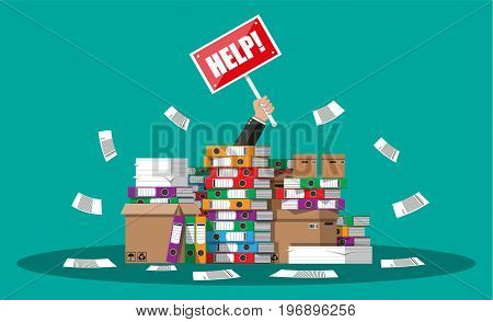 Stressed cartoon businessman in pile of office papers and documents with help sign. Stress at work. Overworked. File folders. Carton boxes. Bureaucracy, paperwork. Vector illustration in flat style