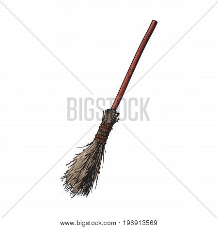 Single old twig broom, broomstick, traditional Halloween symbol, sketch style vector illustration isolated on white background. Hand drawn, sketch style witch broom, broomstick, Halloween object