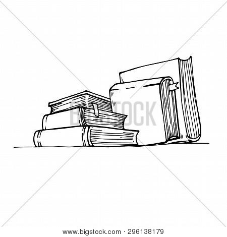 Sketch Books. Ink Drawing Vintage Open Book And Books Pile. School Education And Library Doodle Vect