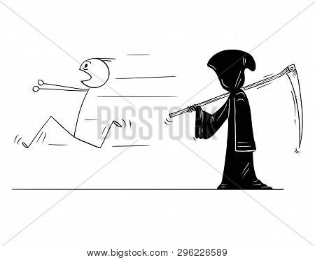 Cartoon Stick Figure Drawing Conceptual Illustration Of Man Running Away From Grim Reaper Or Death W