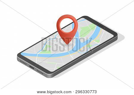 City Map Route Navigation Smartphone, Phone Point Marker Vector Drawing Schema Isometric City Plan G