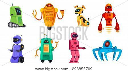 Cartoon Robots. Robotics Bots, Robot Pet And Robotic Android Bot Characters Technology Vector Illust