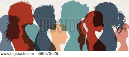 Group Of Confident Multiethnic Men And Women People. Group Of Multicultural Side Silhouette Person E