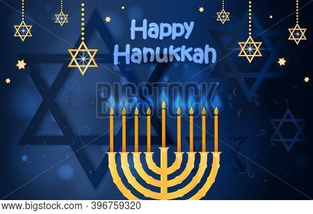 Happy Hanukkah And Passover Card. Concept Of Celebrating Passover Holiday With Jewish Symbols And Go