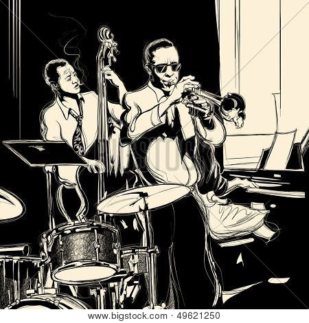 Vector illustration of a Jazz band with double-bass - trumpet -piano and drum