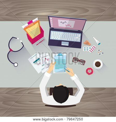 Doctor workplace, vector illustration. Male person in doctor's smock sitting at the table