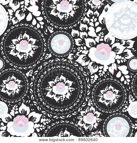 Vintage Shabby Chic Seamless Ornament, Pattern With Pink And White Flowers And Leaves On Black Backg