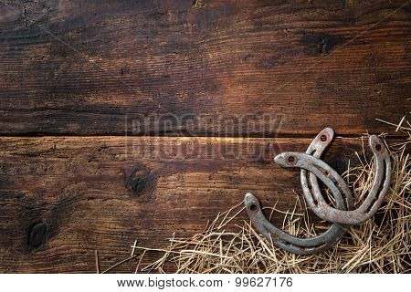 Two old rusty horseshoes with straw on vintage wooden board