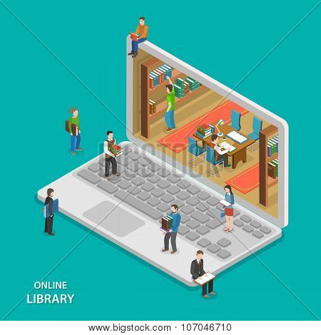 Online library flat isometric vector concept.