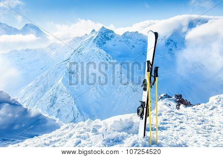 Winter Mountains And Ski Equipment In The Snow