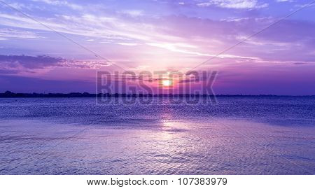 Amazing Purple Sky Sunset Over Sea . Dusk On Adriatic Sea.